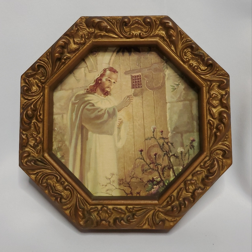 Jesus Christ Gold Frame 6x6 Octagon BurwoodPlastic Wall Decor 2478-4USA 1989 Vtg